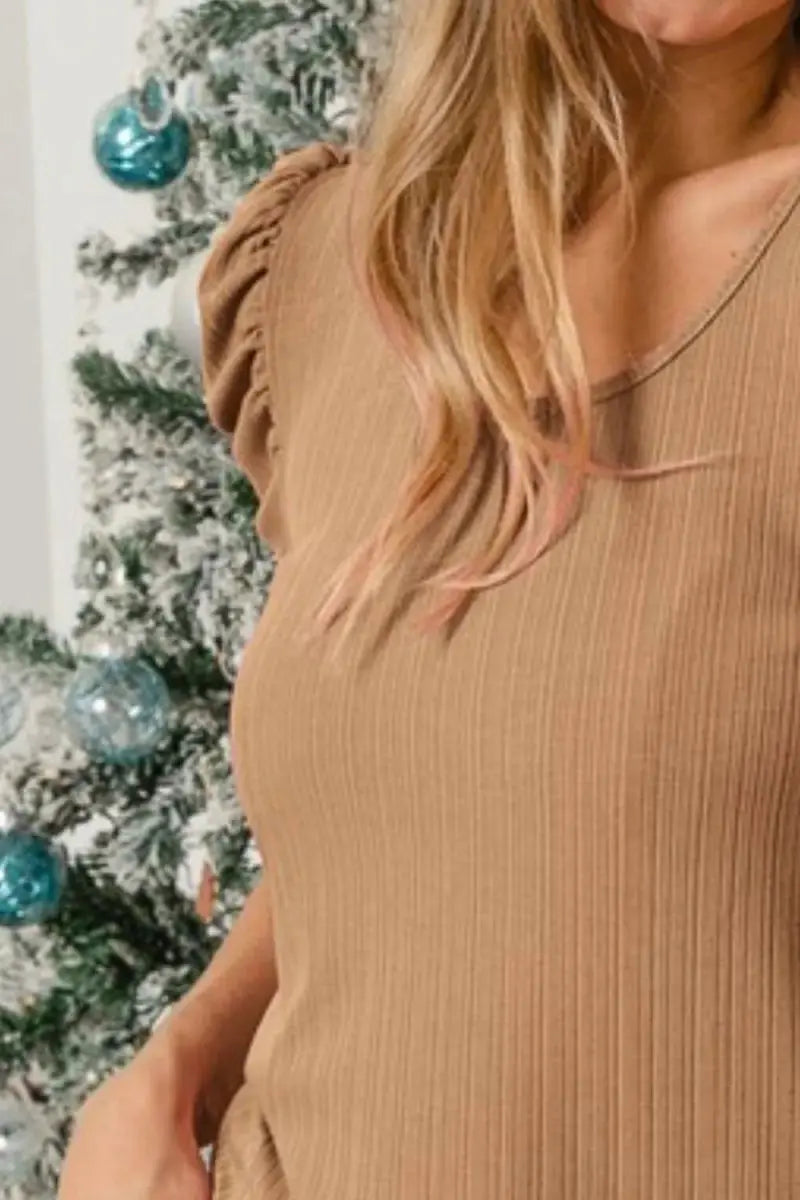 T-Shirts Trendsi Rib Knit Set Women's Casual Top & Shorts Set Puff Sleeves USA Shipped