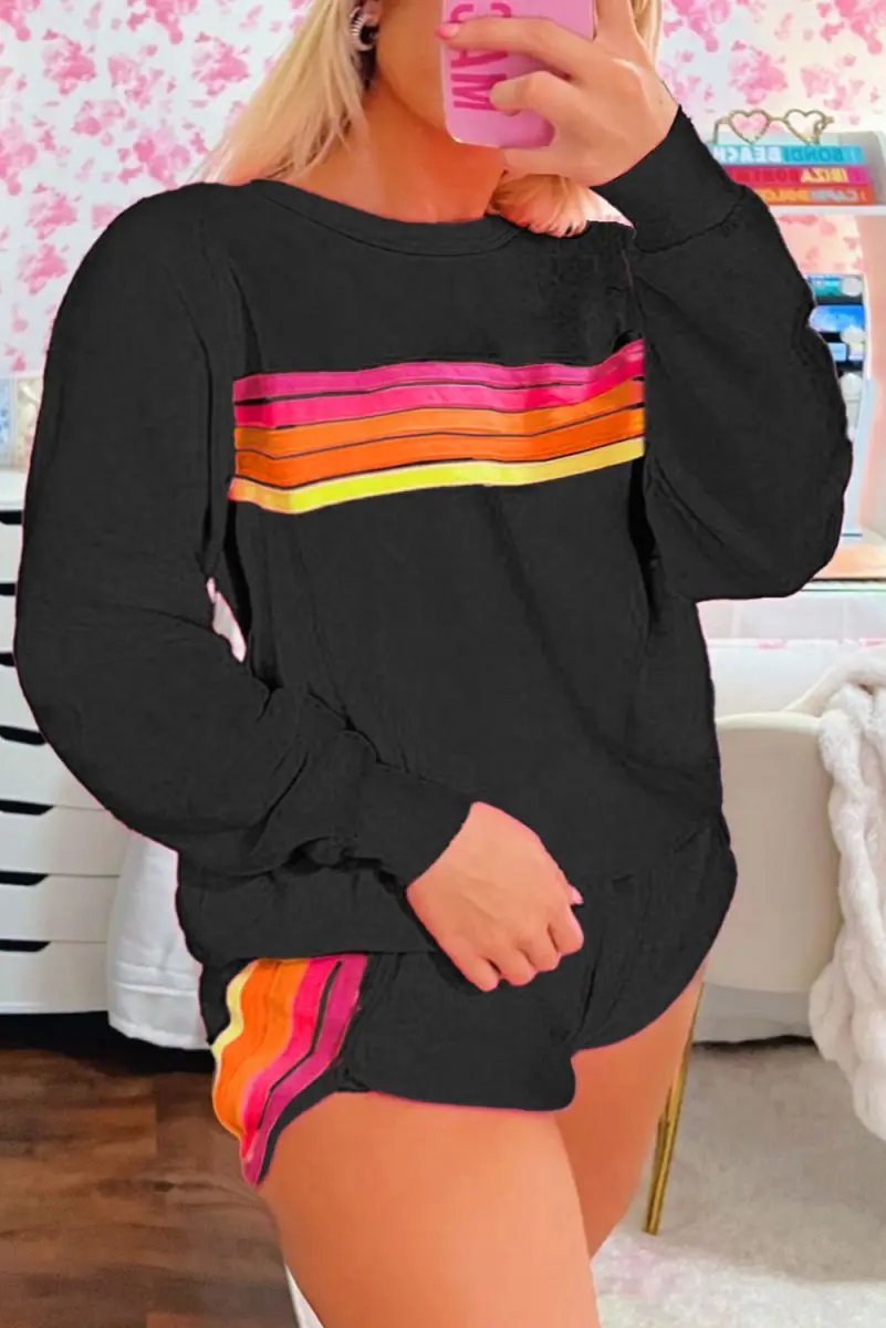 Sweaters Love Salve Black Striped Pullover Set Women's Casual Loungewear Two-Piece: Soft & Comfy