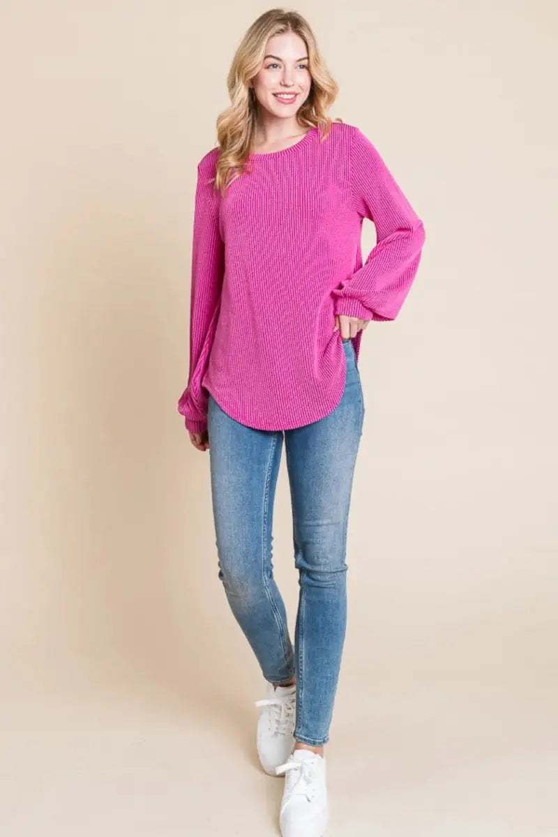 T-Shirts Trendsi Ribbed Long Sleeve Top Women's Everyday Curved Hem T-Shirt Soft & Stylish