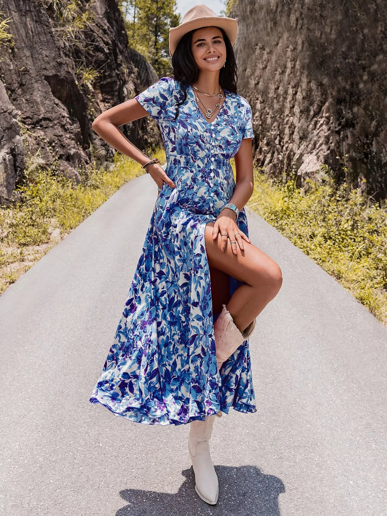 Floral Print Slit Front V Neck Midi Dress