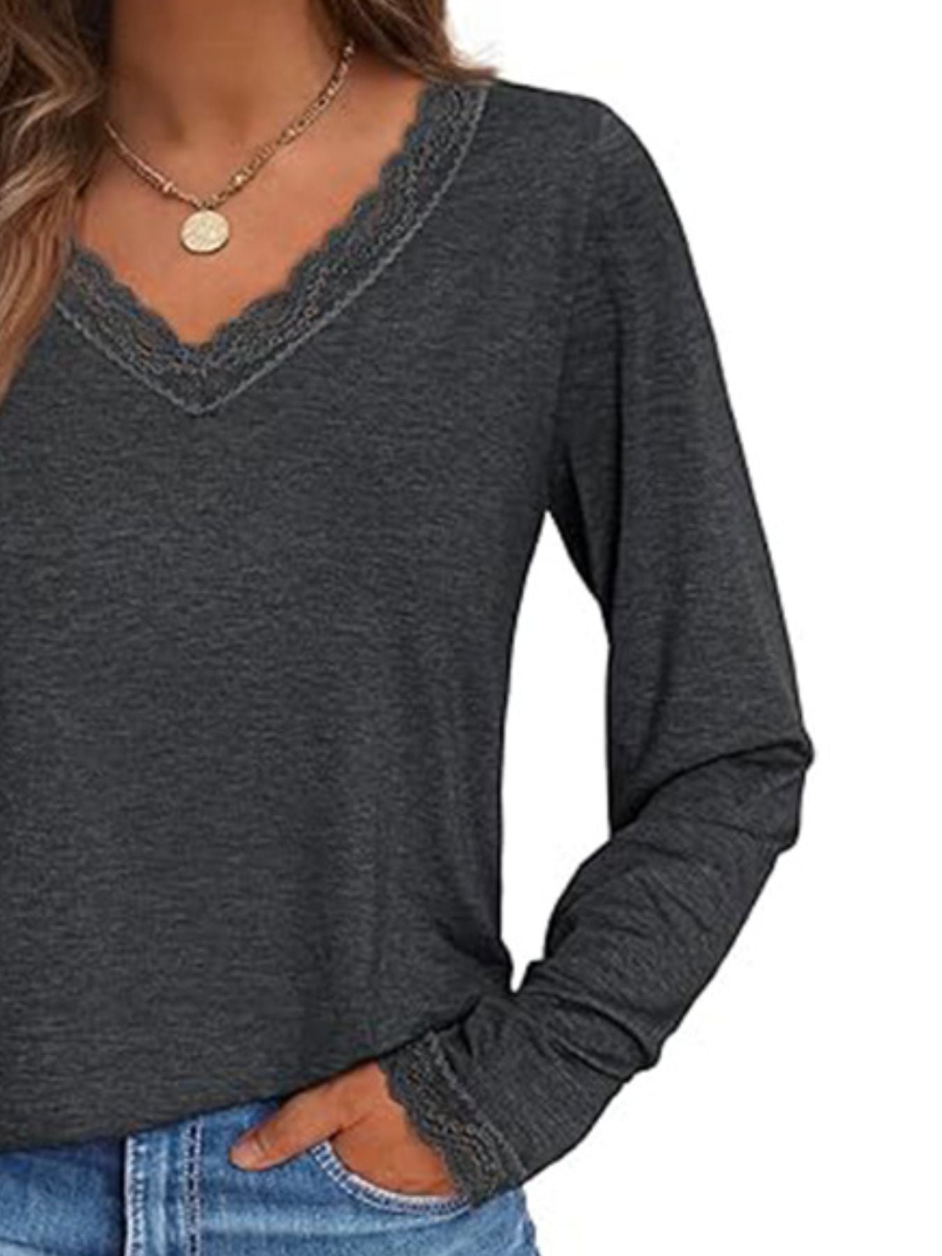 Women's Lace Trim V Neck Long Sleeve Top