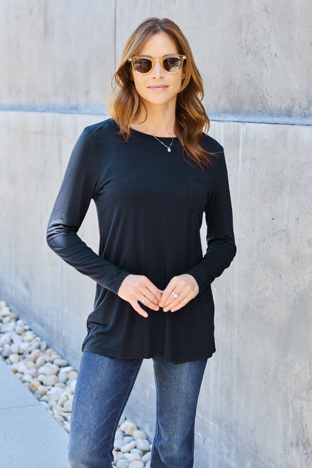 T-Shirts Trendsi TIKTOK - Luxe long sleeve top with pockets
