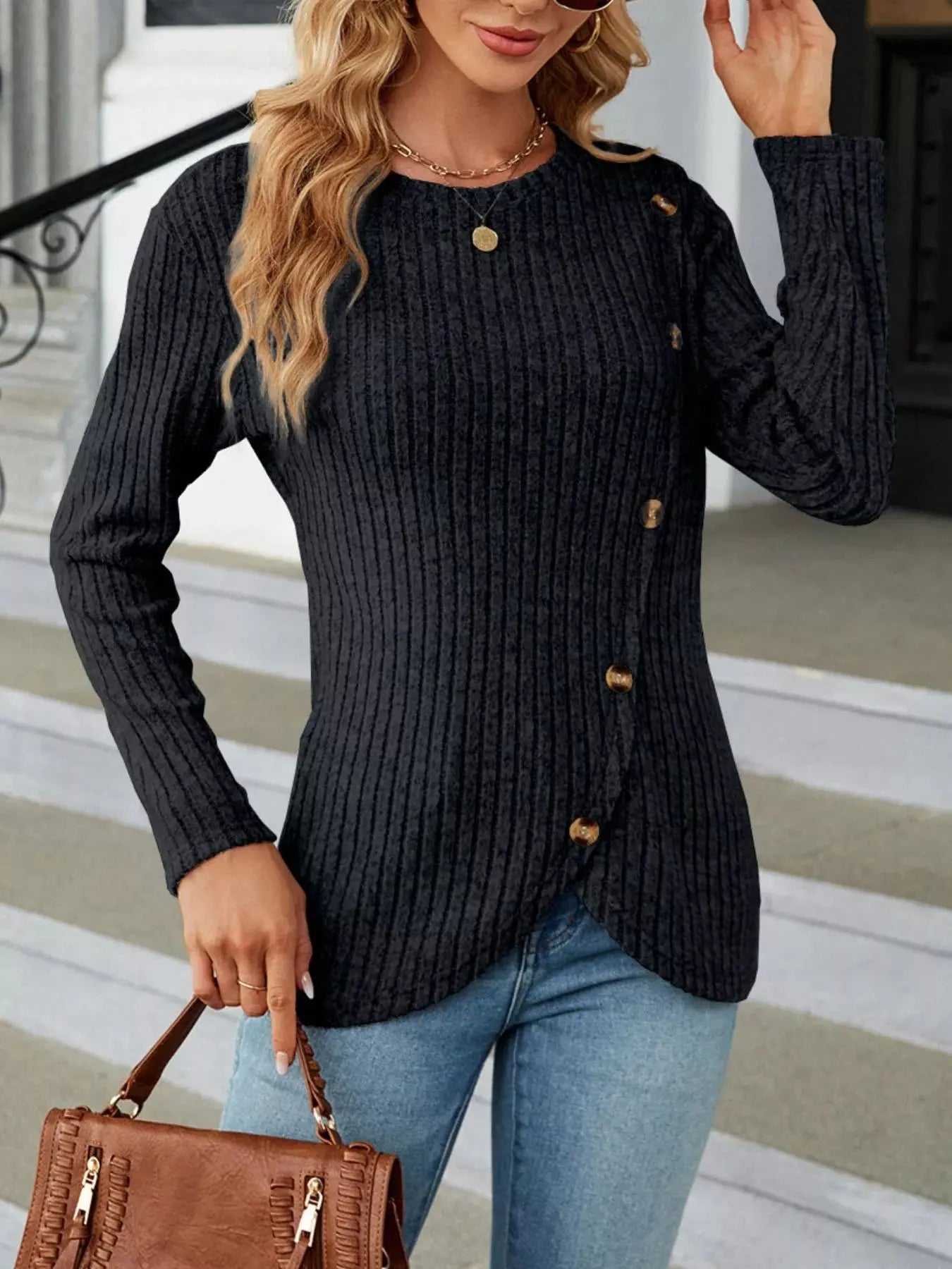 Decorative Button Ribbed Knit T Shirt