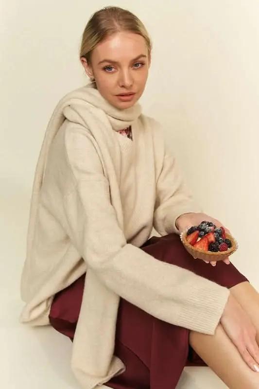 Women's Sweater Set V-Neck Sweater Set - Two-Piece with Scarf - Cozy Soft Knit