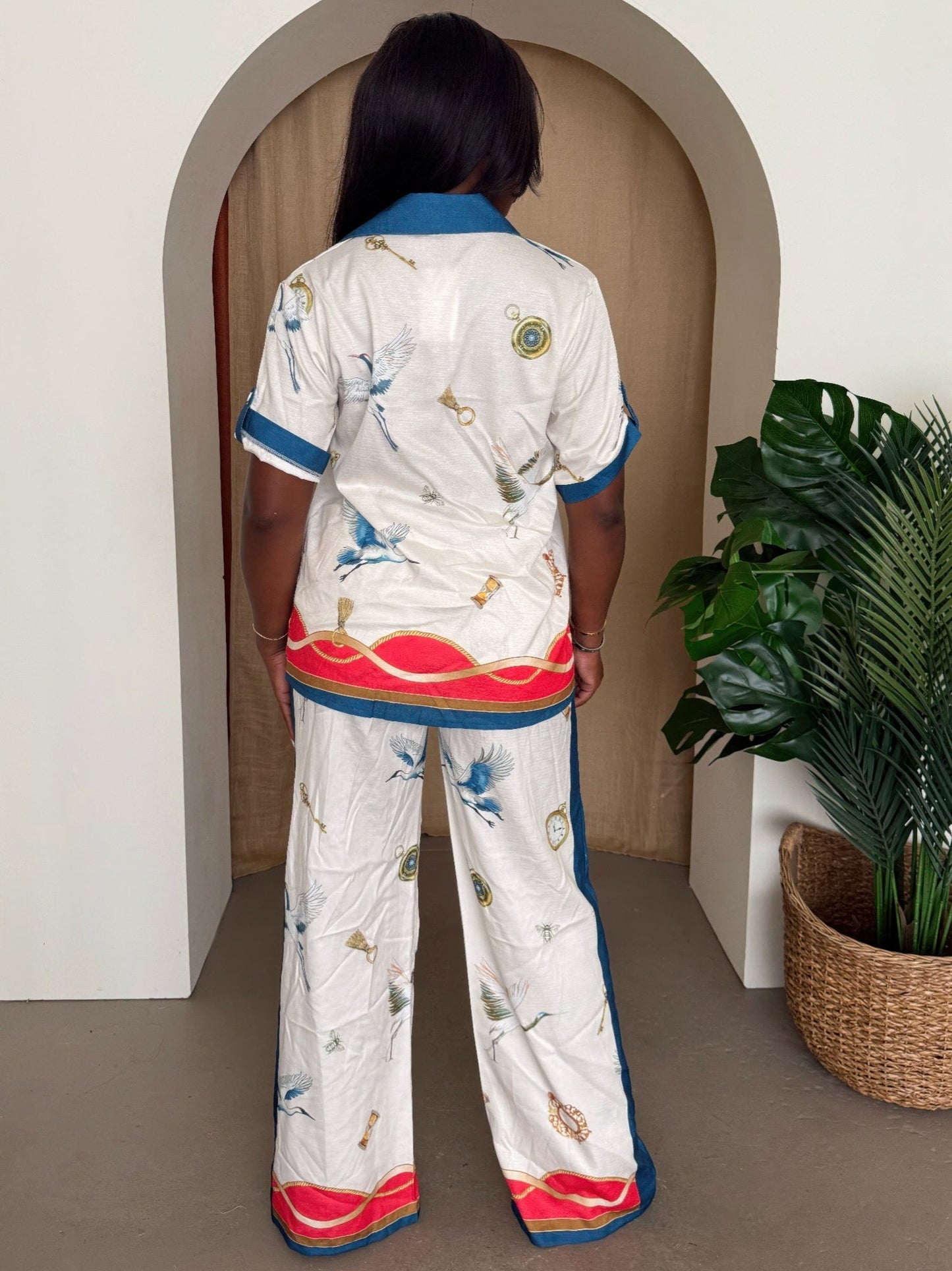 Crane & Nautical Print Shirt Pant Set Ivory Multi