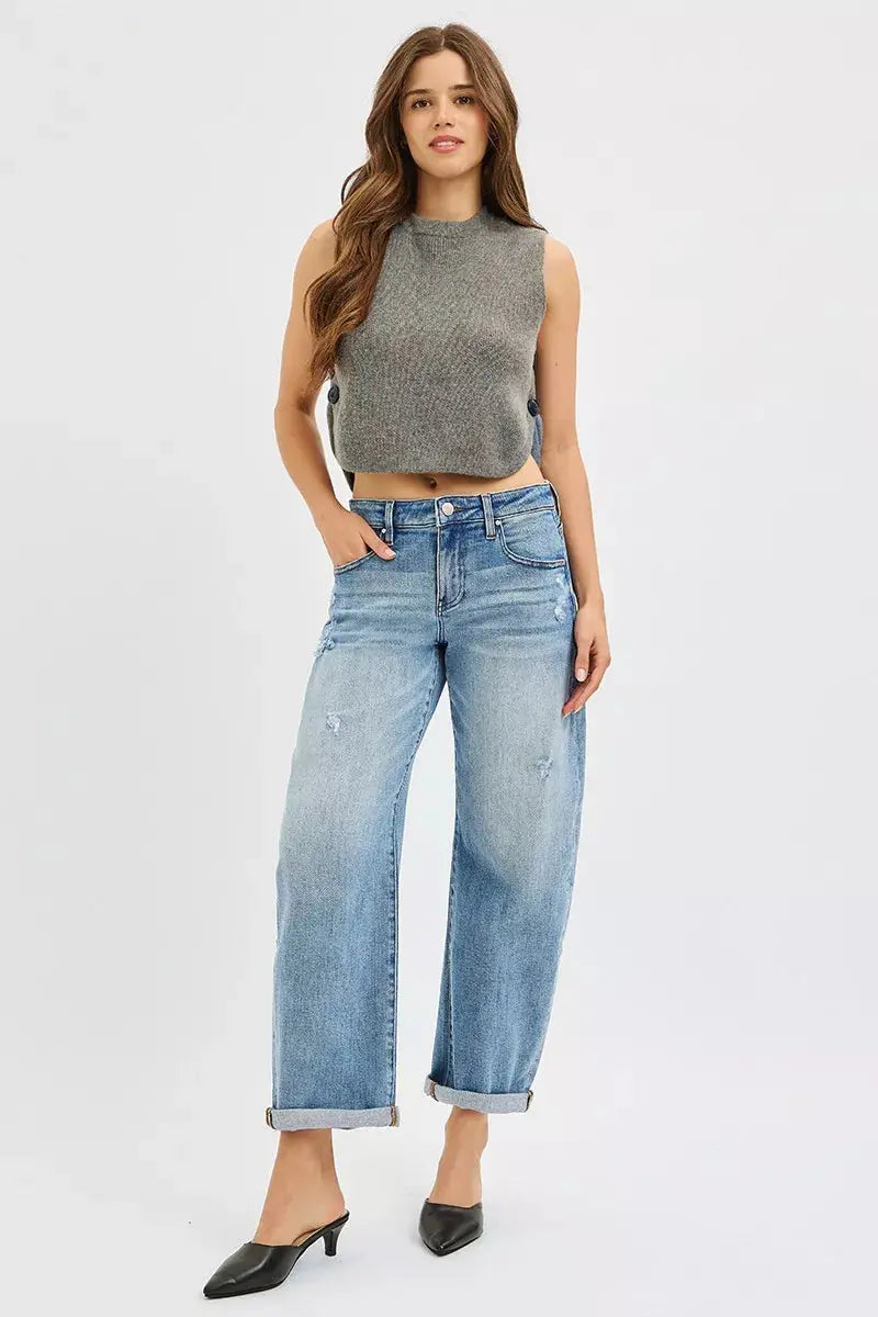 RISEN Jeans - Full Size Slouchy Ankle Length Barrel Jeans with Cuffs