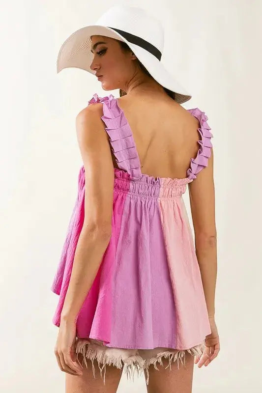 Tank Top Women's Top - Color Block Bodice & Frill Straps - Tank Cami