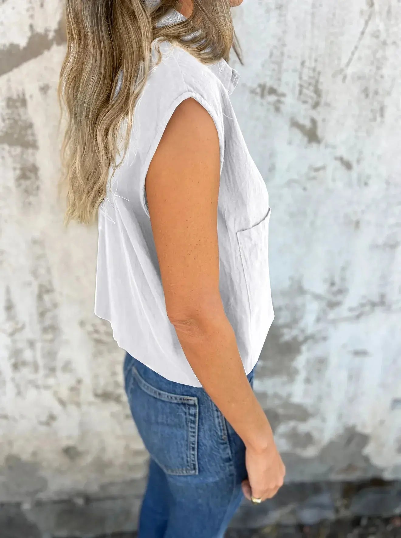 Full Size Cap Sleeve Button Down Linen Shirt