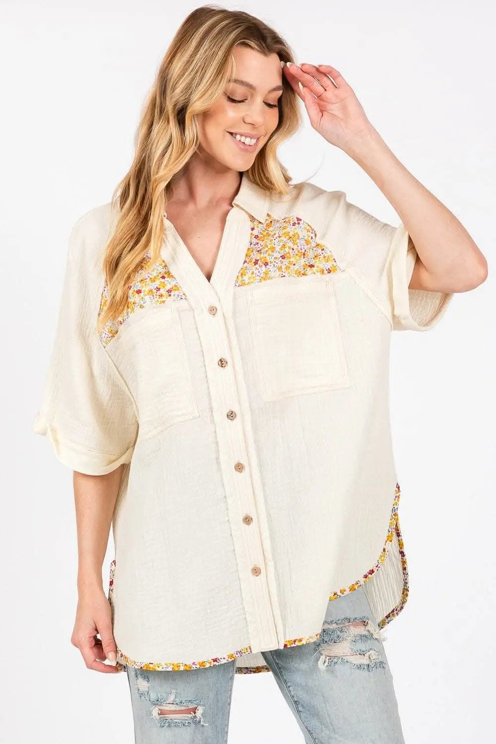 Pants Trendsi Floral Button Up Women's Casual Shirt - Short Sleeve, Lightweight