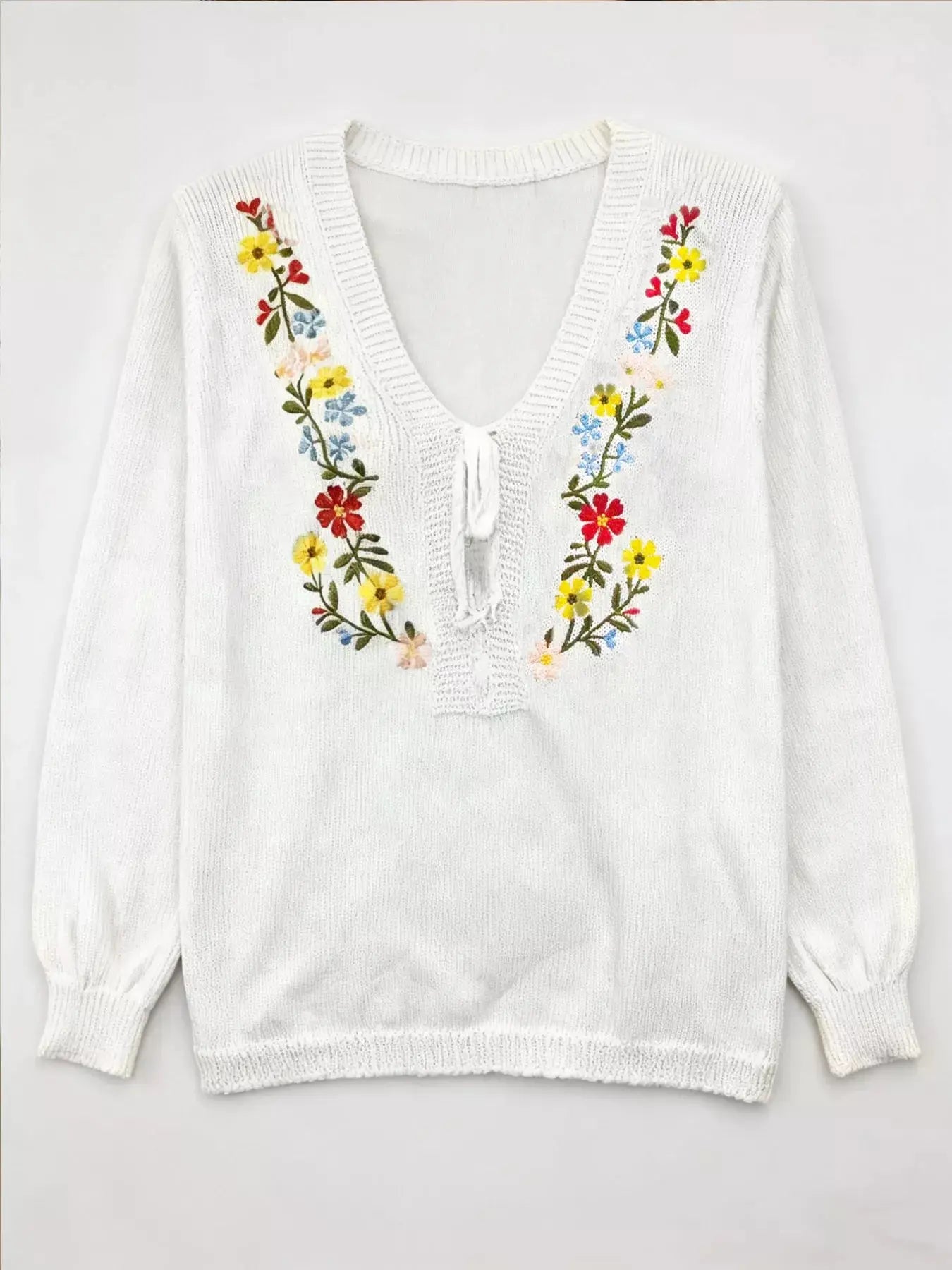 Floral Embroidered V Neck Sweater