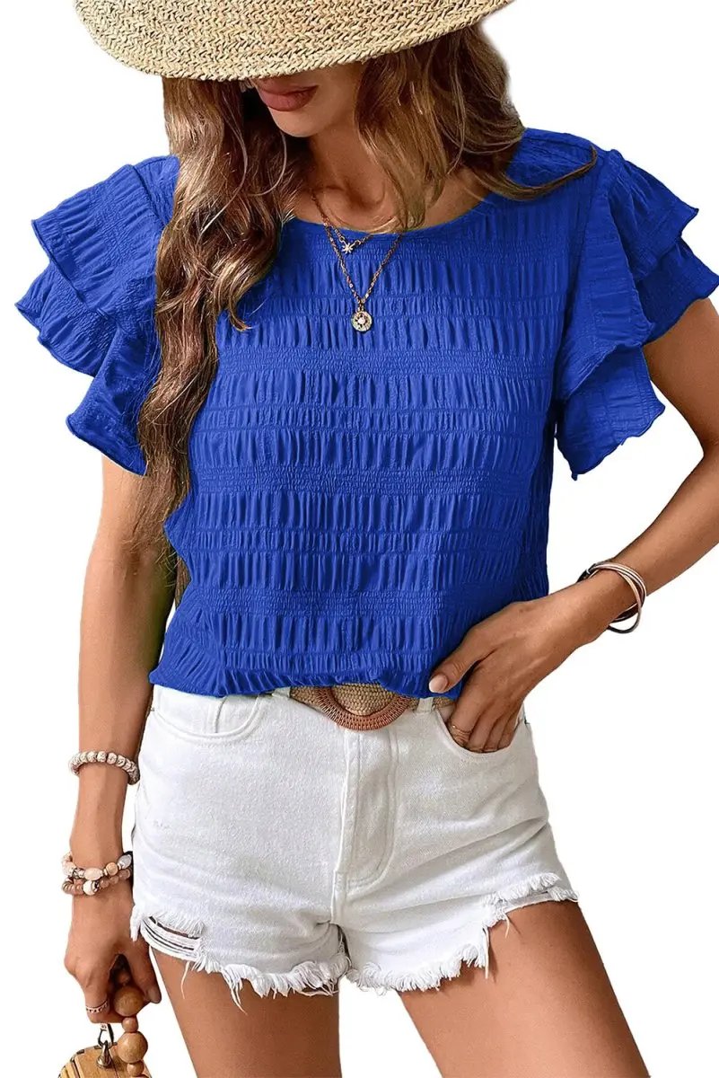 Accessories Love Salve Dark Blue Ruffle Sleeve Women's Top Elegant Casual Wear Textured