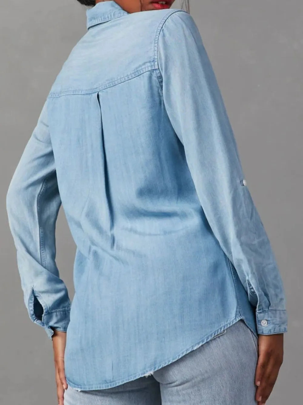 Collared Neck Roll-Tab Sleeve Womens Denim Shirt