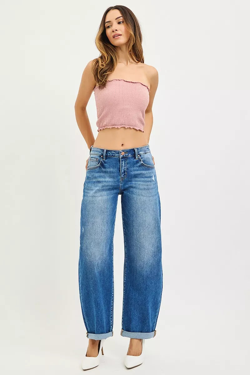 RISEN Jeans - Full Size Mid Rise Barrel Double Roll Up Jeans