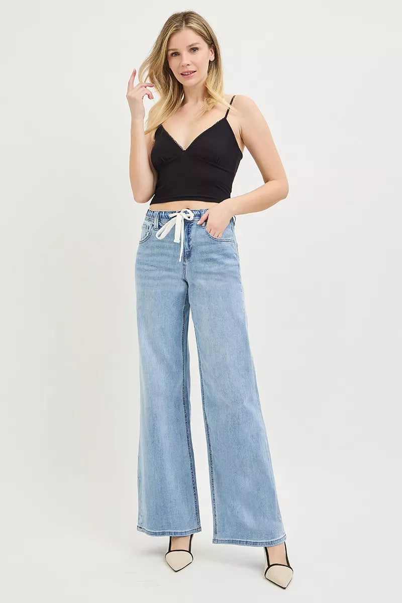 RISEN Elastic Band Slouchy Wide Leg Jeans with Drawstring