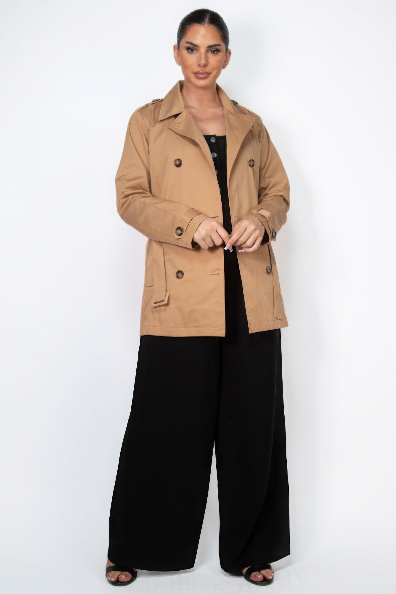 Size Small Beige Double-breasted Notch Belted Coat
