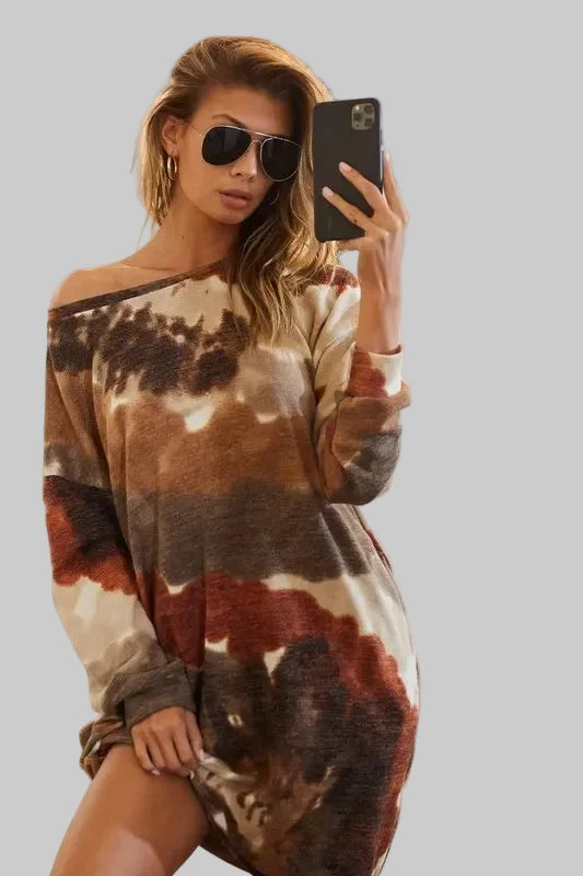 Rust/Olive Color Tie Dye Print Knit Dress with Side Pocket