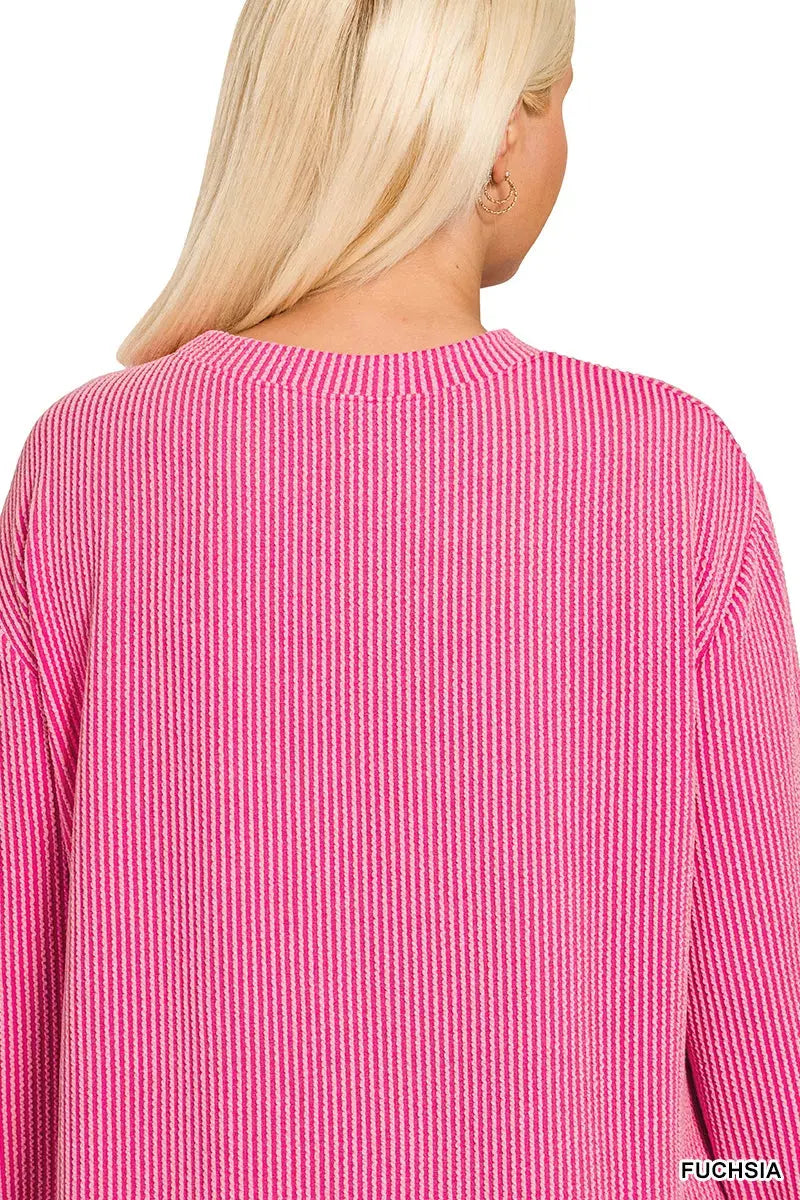 Zenana Plus Size Raised Rib Round Neck Long Sleeve Top