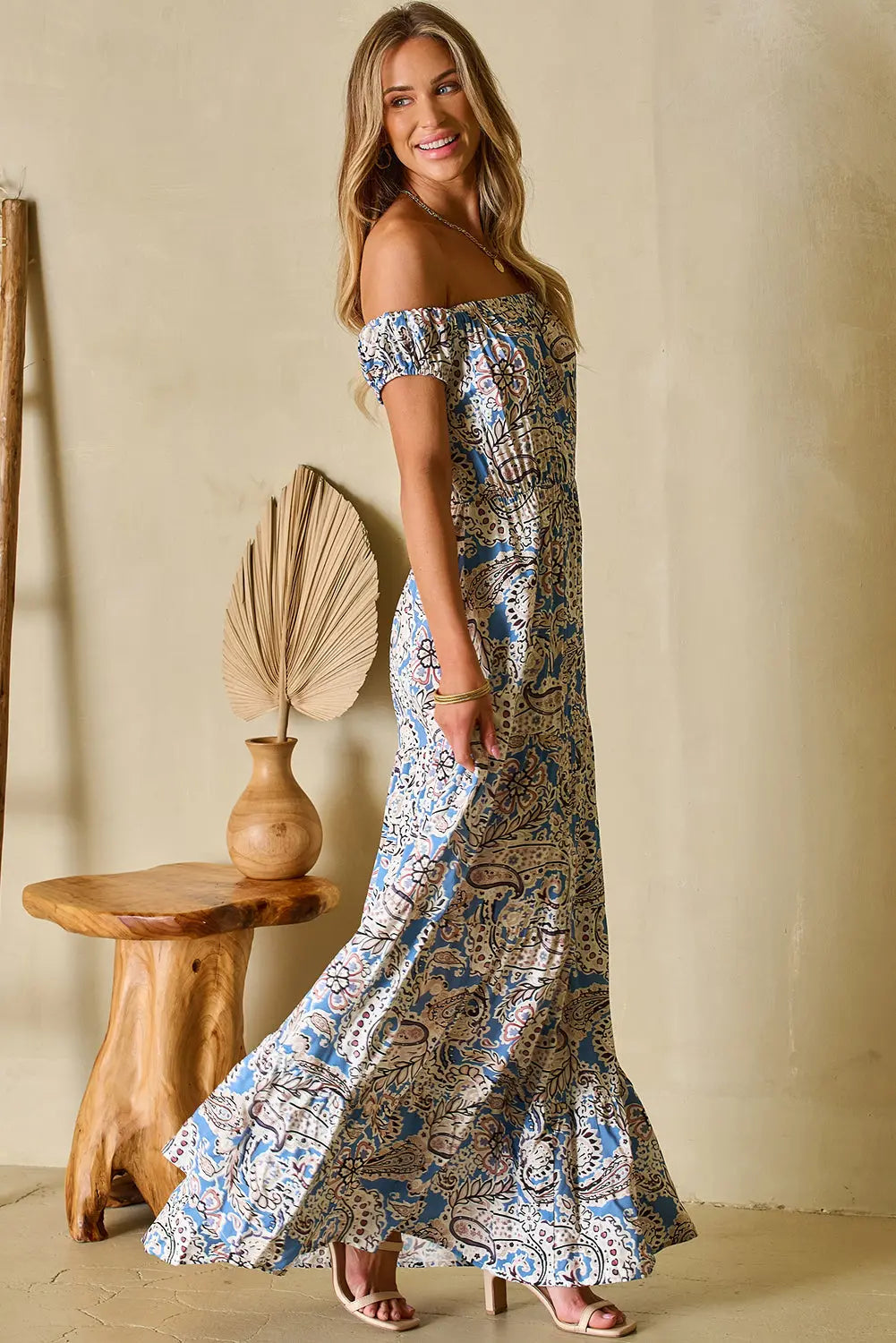 Blue Paisley Print Boho Off Shoulder Maxi Dress