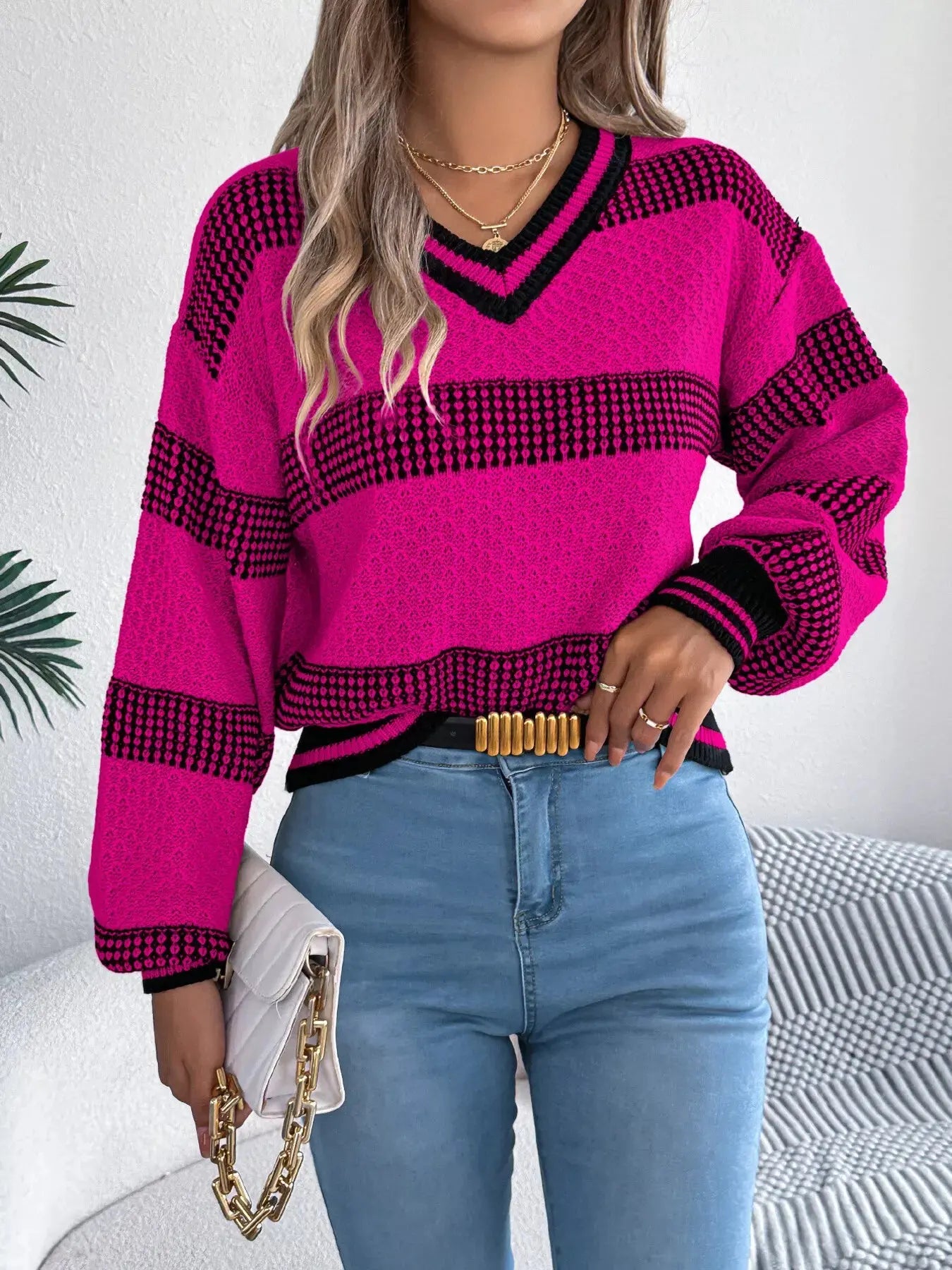 Contrast Striped V Neck Sweater