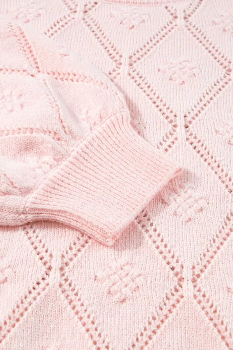 Sweaters Love Salve Pink Plaid Sweater Women's Casual Cropped Knit Top: Openwork Detail