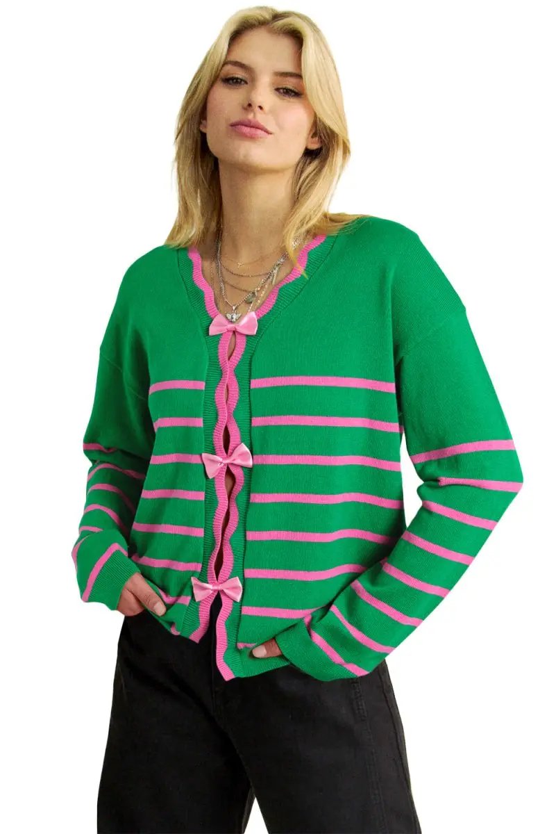 Sweaters Love Salve Green Stripe Bow Sweater Women's Fall Cardigan Knit Top: Cute & Cozy