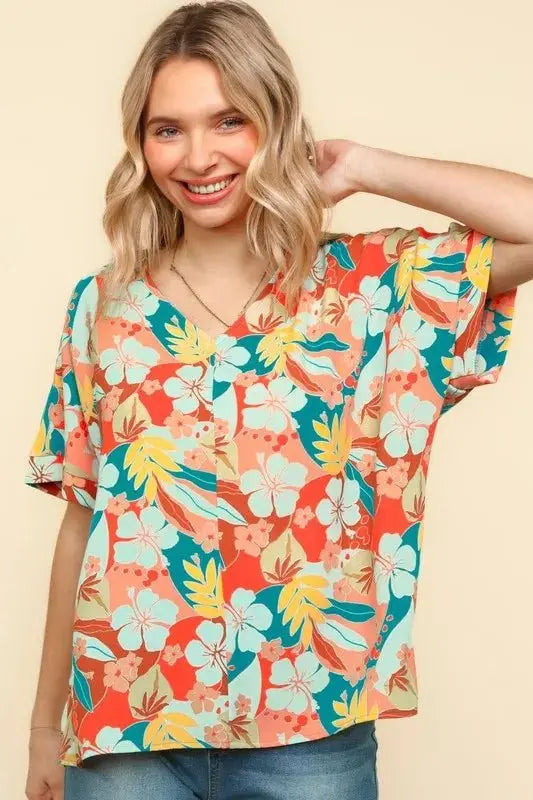 Shorts Trendsi Haptics V-Neck Top Women's Summer Hawaiian Shirt Lightweight Woven