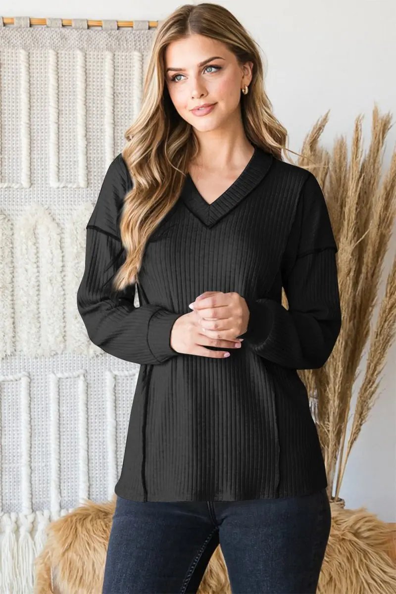 Women's Shirts & Tops V-Neck Top - Ribbed Exposed Seam - Everyday Fashion Tee