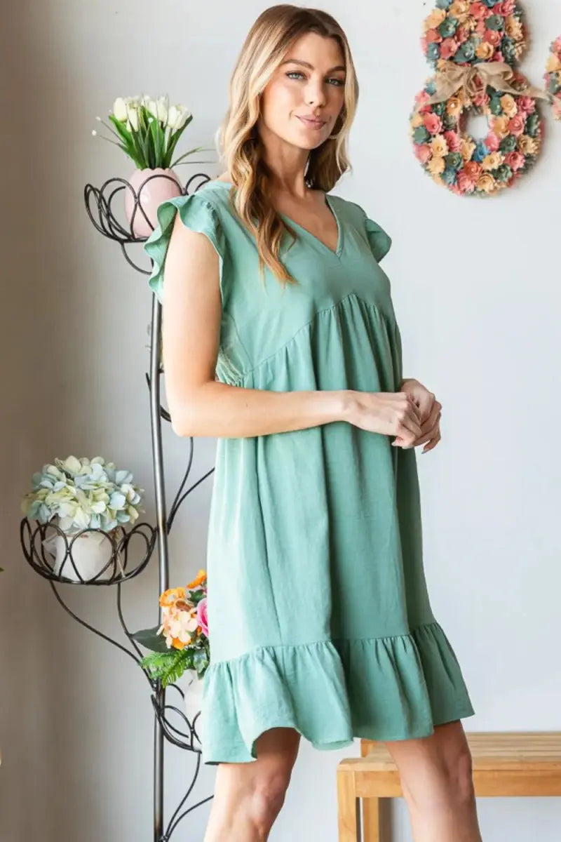 Dresses Trendsi Heimish V-Neck Dress Women's Casual Ruffle Hem Mini Dress - Short Sleeve, Summer