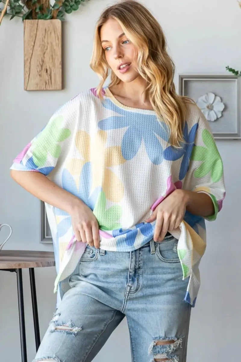 T-Shirts Trendsi Floral Waffle Tee Women's Casual Round Neck T-Shirt Soft & Comfy
