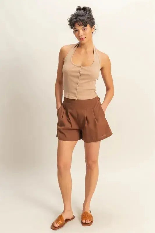 Shorts Trendsi Halter Top Women's Casual Washed Buttoned Tank Top - Cute & Comfy