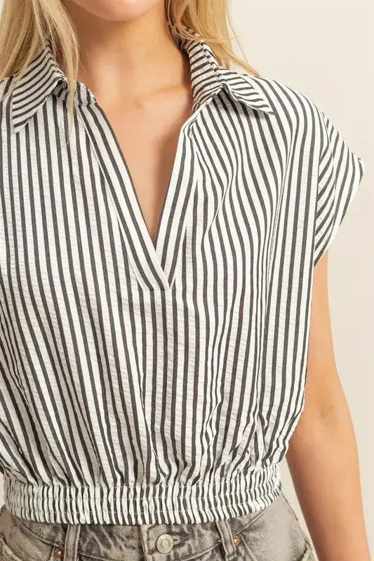 Pants Trendsi Striped Blouse Women's Casual Top Elastic Hem Cap Sleeve Shirt