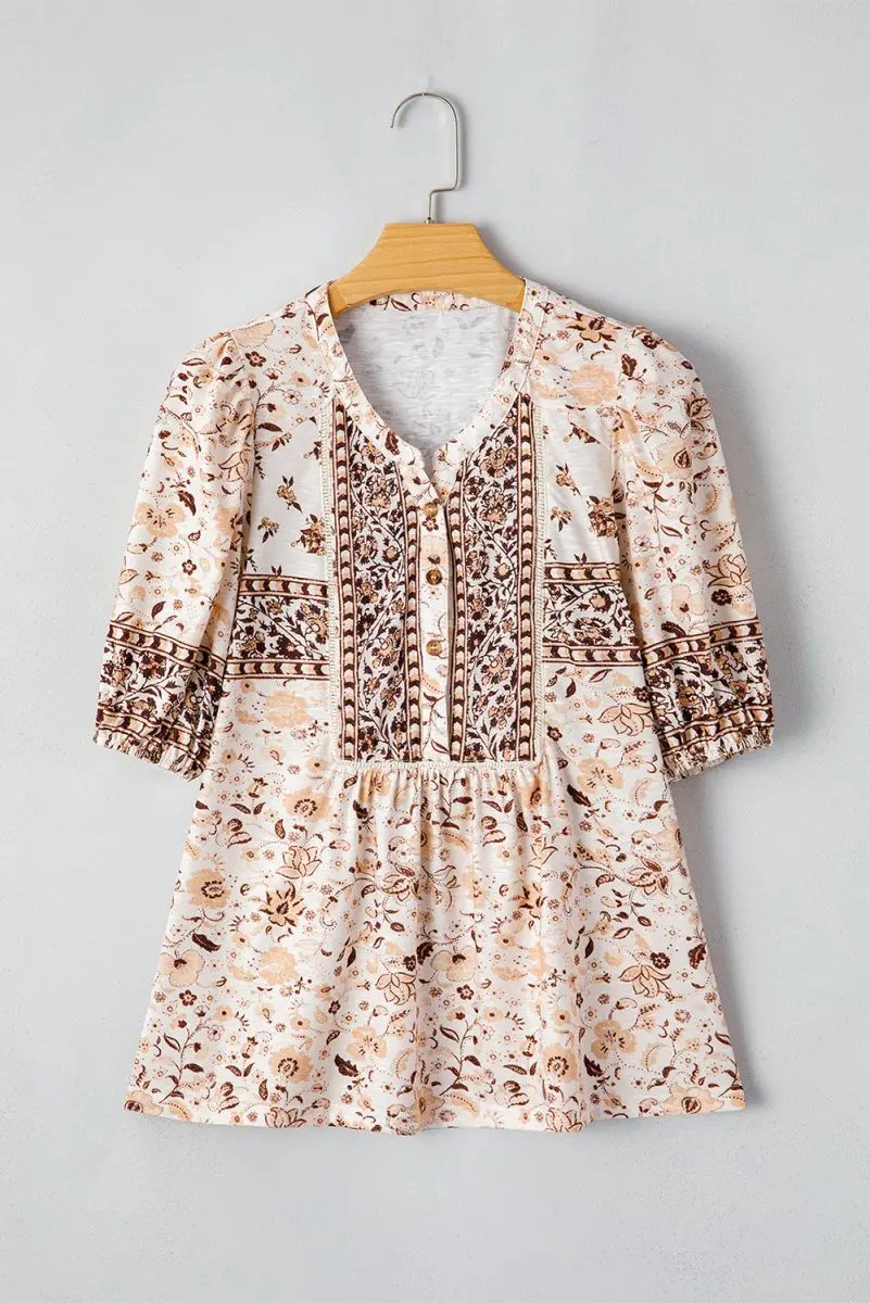 Accessories Love Salve Khaki Floral Blouse Women's Boho Summer Top - Chic & Lightweight