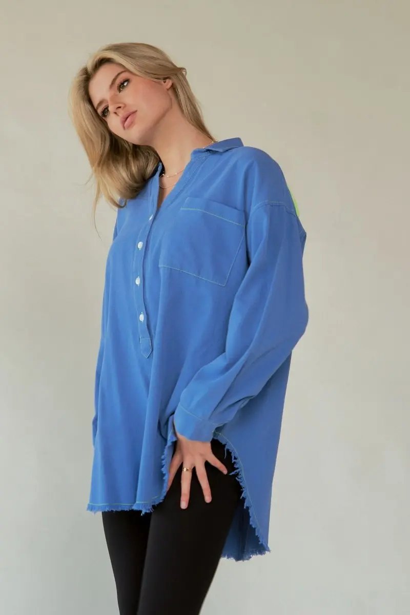 Women's Button-Up Shirt Lettered Button-Up Shirt - Raw Hem - Women's Trendy & Comfy