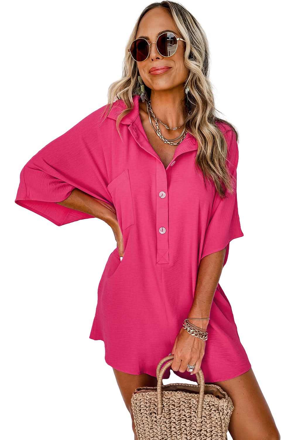 Shoes Love Salve Bright Pink Half Button Collared Loose Romper