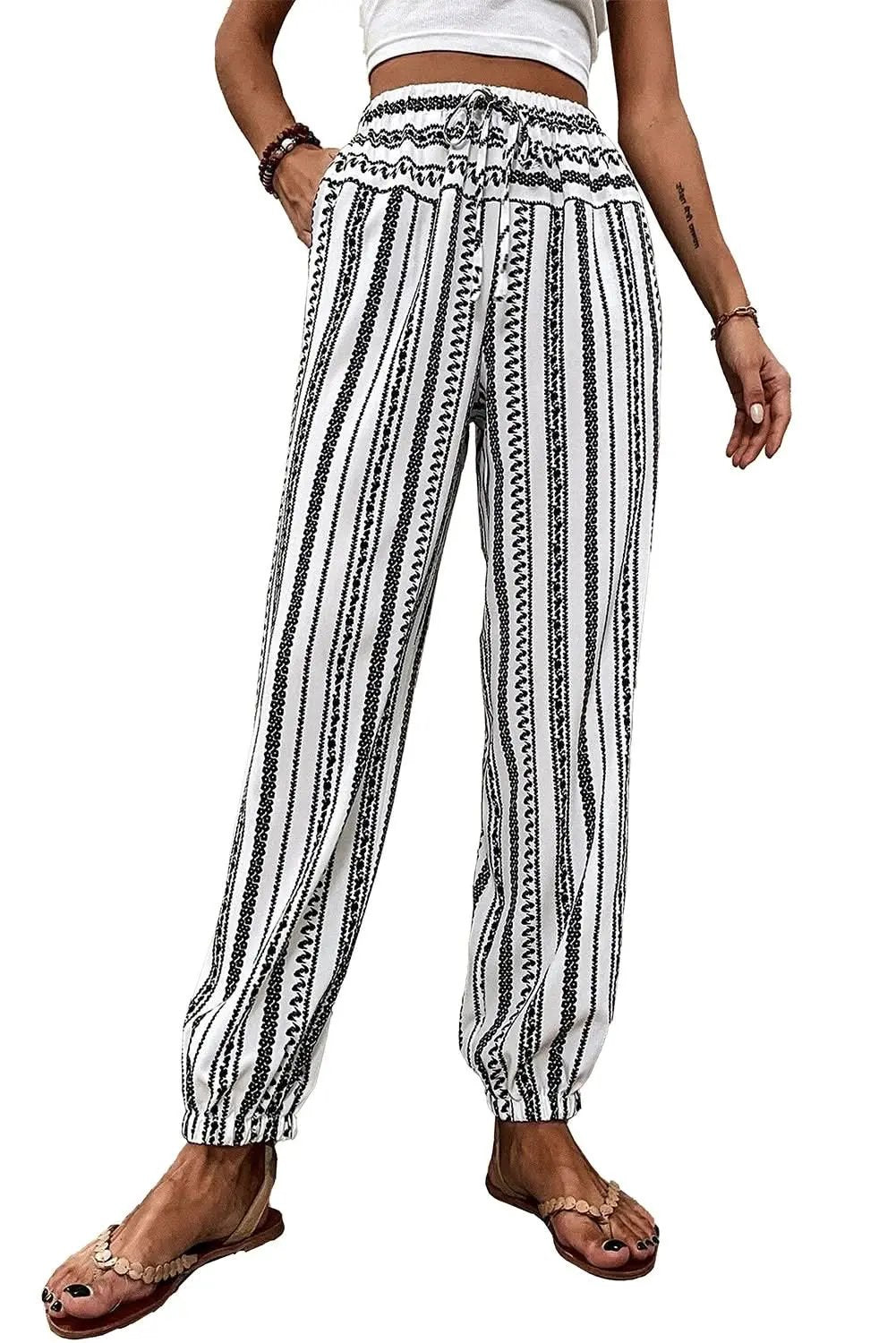 Love Salve Black Striped Boho Pants Women's Vacation Wide Leg Spring Trousers