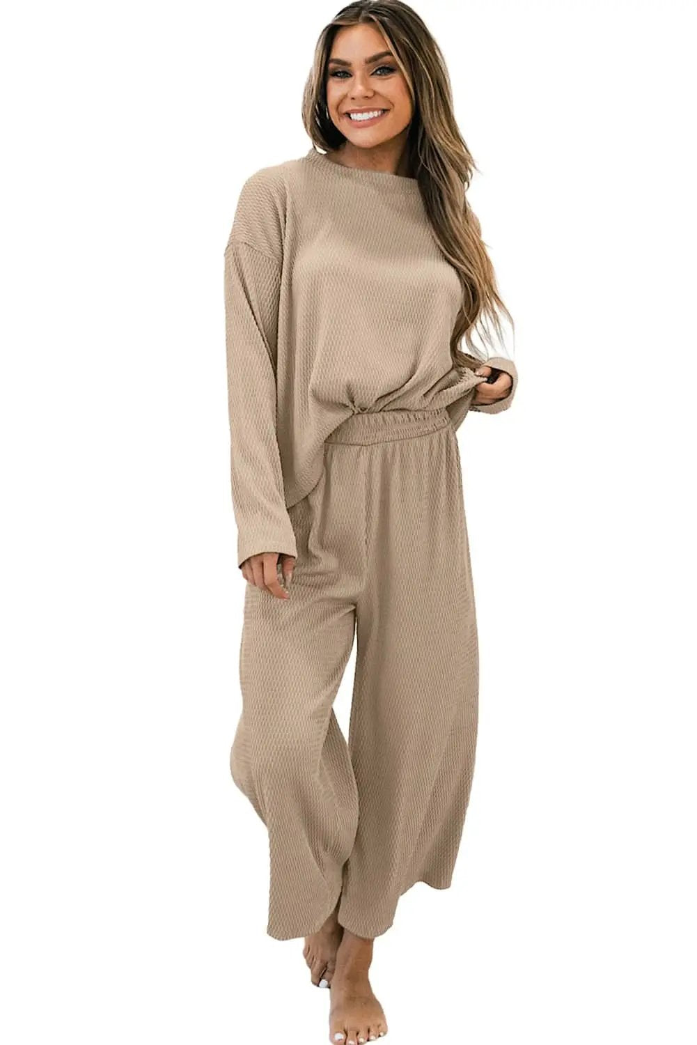 Love Salve Smoke Gray Loose Textured Pullover and Pants Outfi