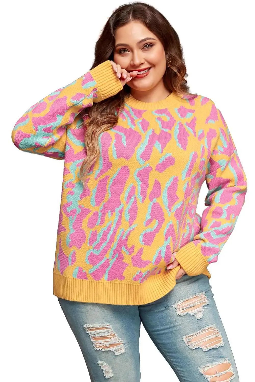 Sweaters Love Salve Pink Leopard Plus Size Women's Sweater - Daily Winter Style, Comfy Fit