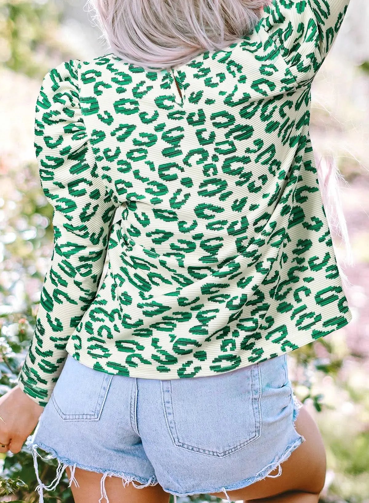 Tops/Blouses & Shirts Love Salve Blackish Green Leopard Print Mock Neck Puff Sleeve