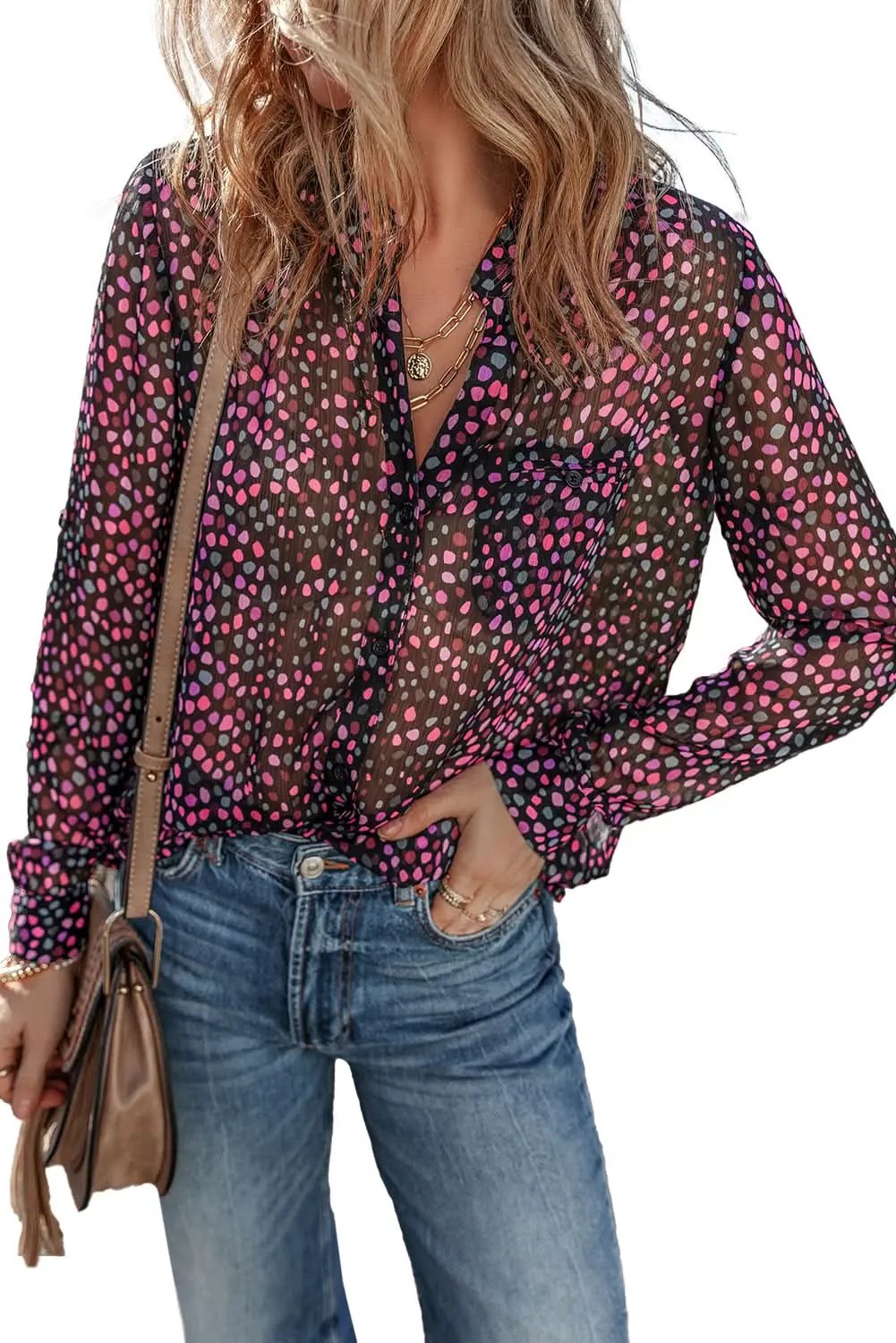 Love Salve Polka Dot Printed Shirt Purple — Casual Button-Up Blouse