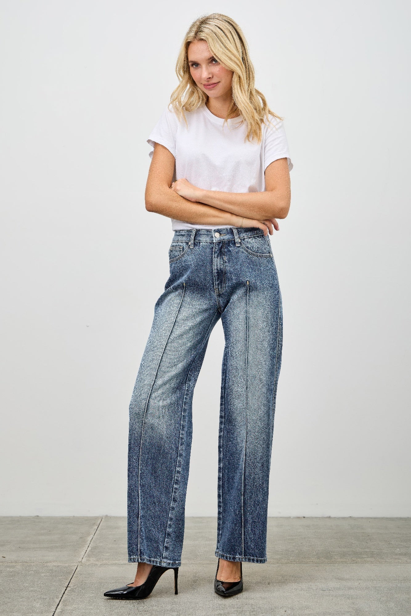 Women's Mid Rise Straight Leg Pintuck Denim Jean Pants