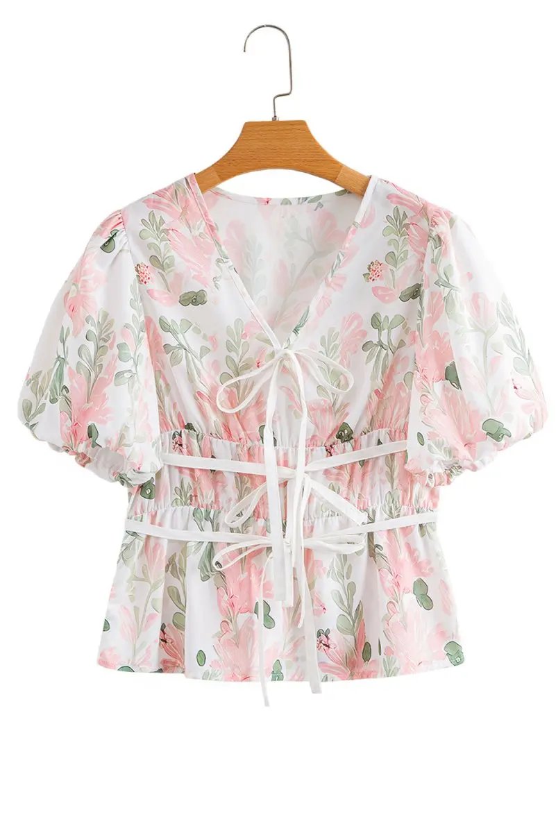 Accessories Love Salve Pink Floral Blouse Women's Summer Top V-Neck Peplum Puff Sleeve