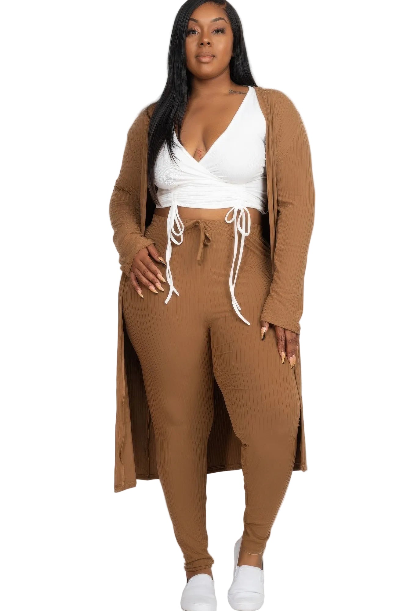 Plus Size Brown Ribbed Long Cardigan & Legging Set