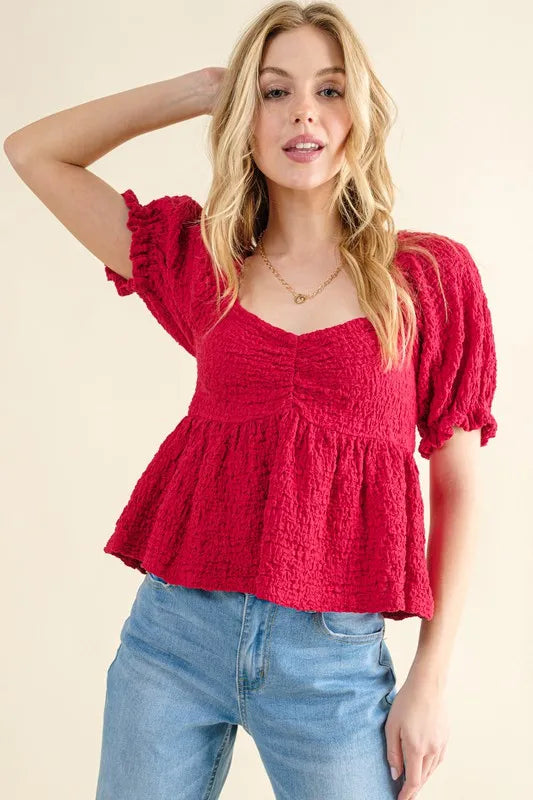 Red Lovely Textured and Smocked Top