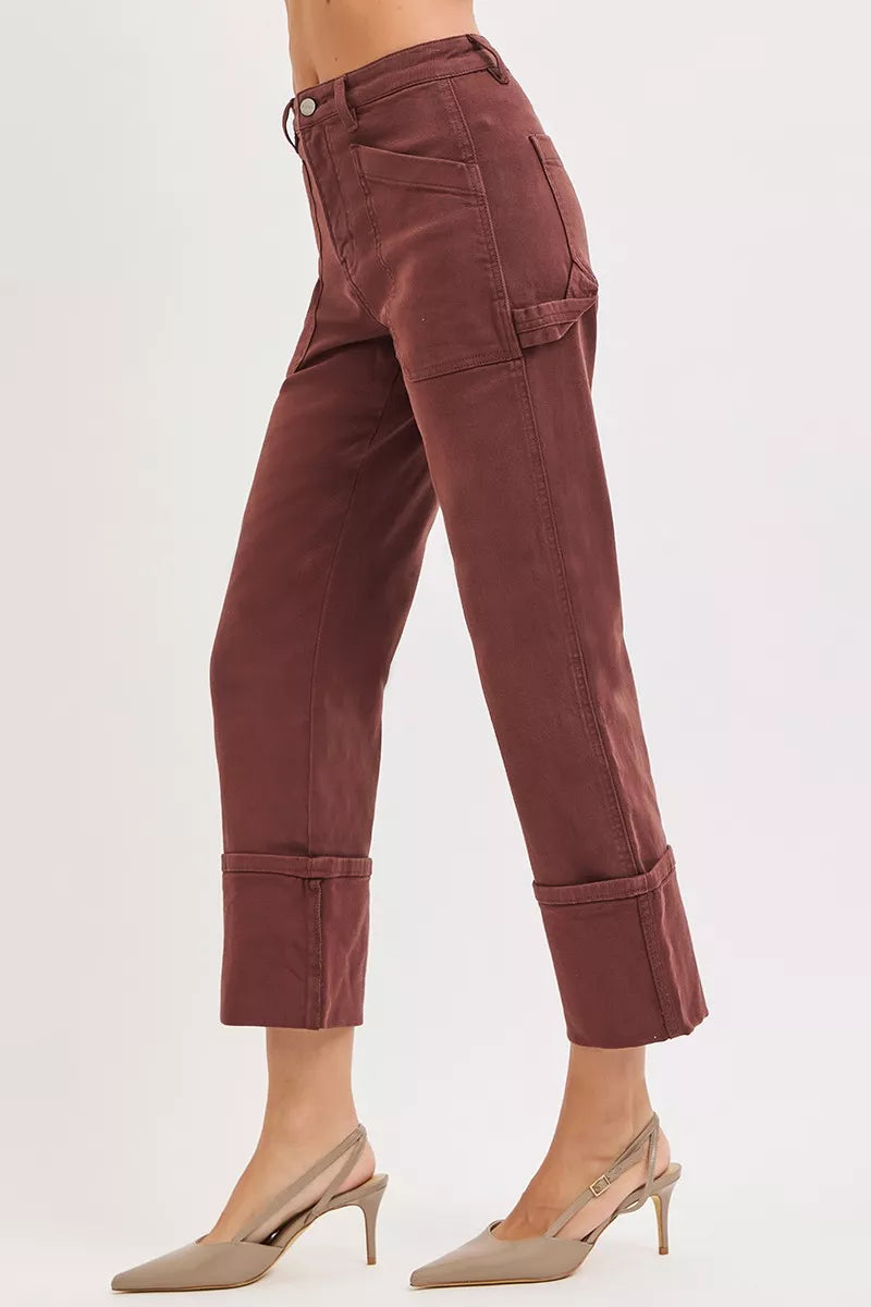 Brown High Rise Wide Straight Cuff Patch Jeans Regular and Plus Size