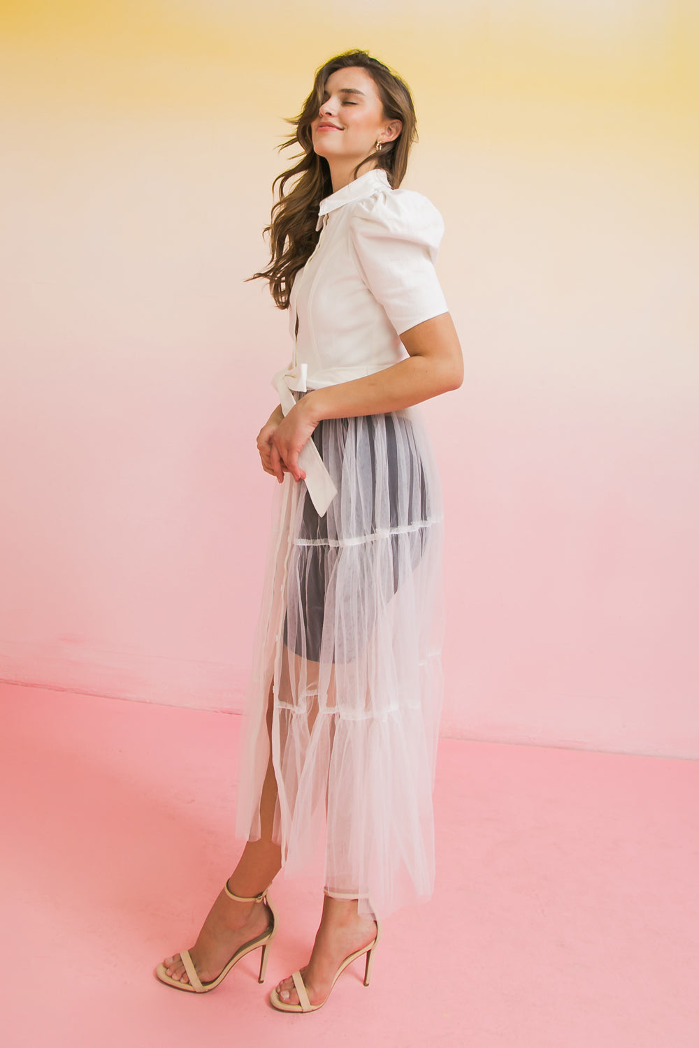 INFINITE BEAUTY TWILL AND TULLE TOP