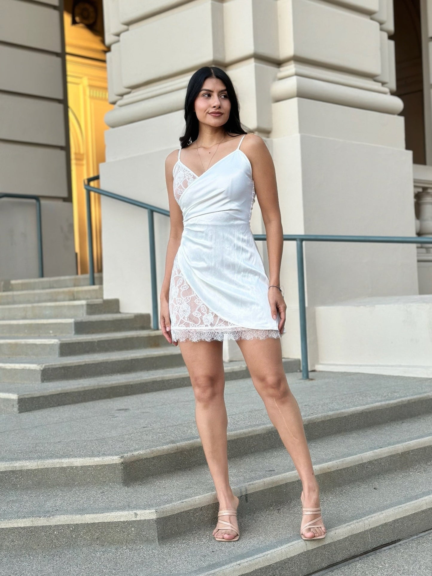 White Satin Wrap Like & Lace Mini Cami Slip Dress