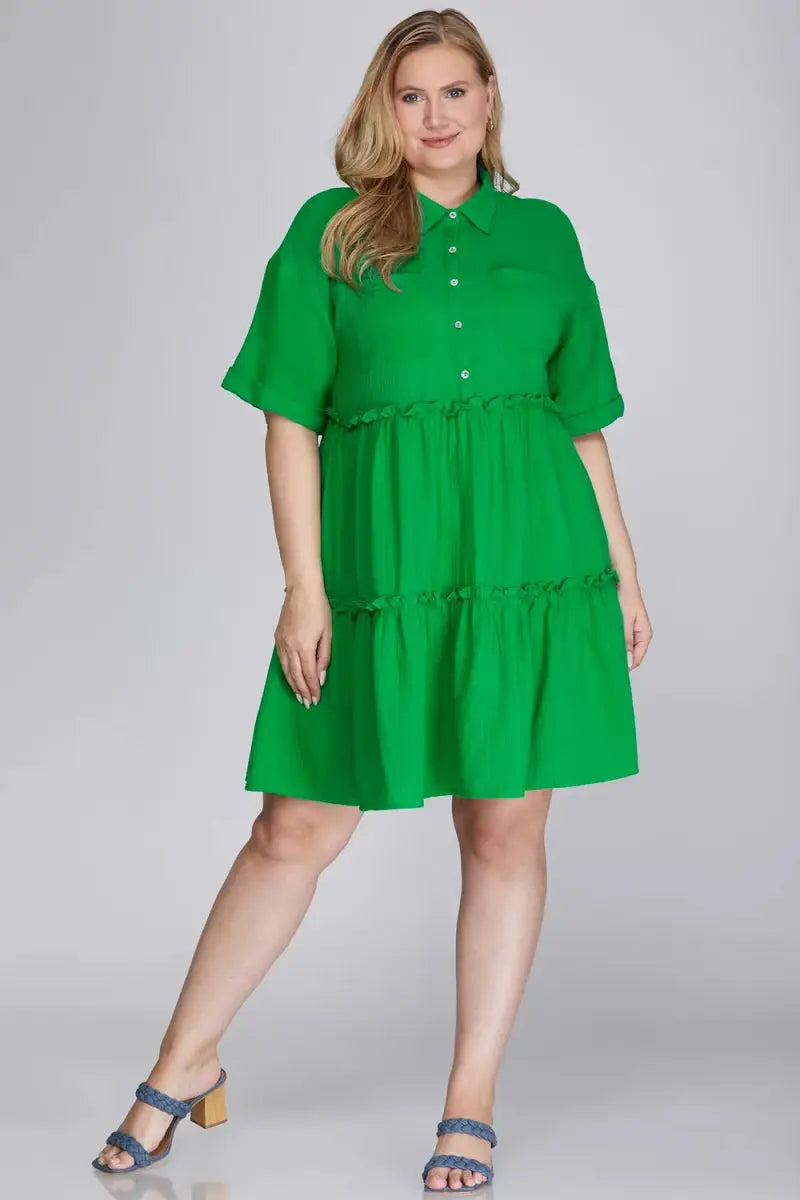 Trendsi Mini Dress - Tiered Button Front Frill Green