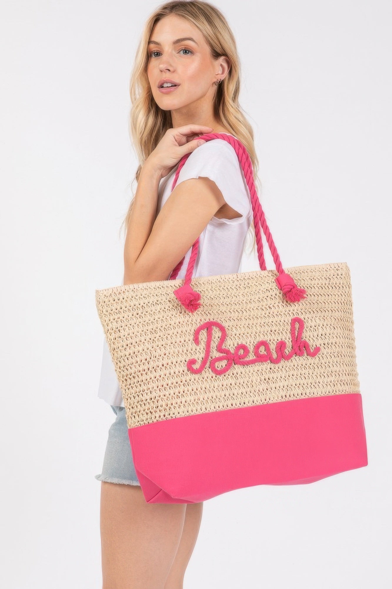 Sewn Rope And Strap Crochet Fabric Beach Tote