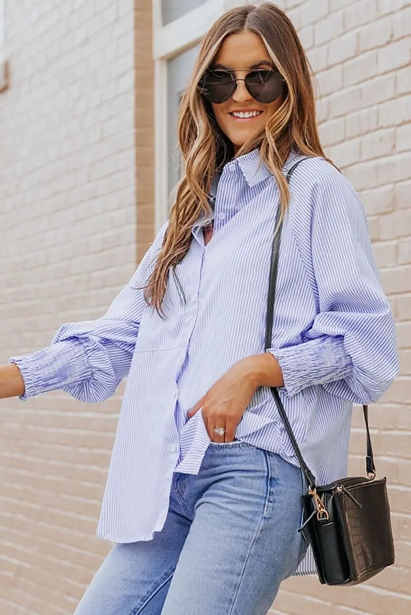 Pants Love Salve Sky Blue Striped Shirt Women's Casual Boyfriend Top Smocked Cuffs