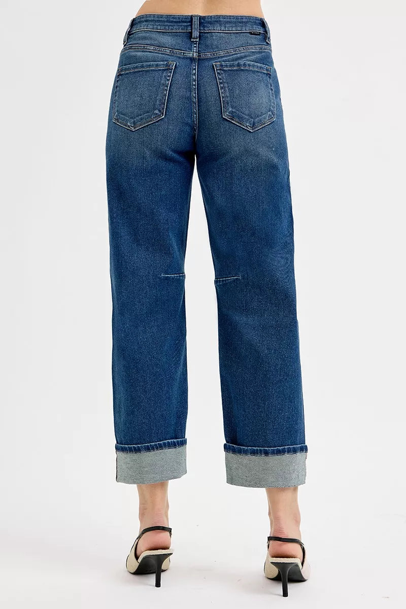 Slouchy Crop Barrel Cuffed Dark Blue Jeans